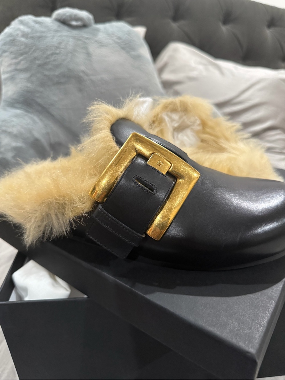 Balmain Black Leather Mules with Yellow Fur and Gold Buckle - Picture 3 of 7